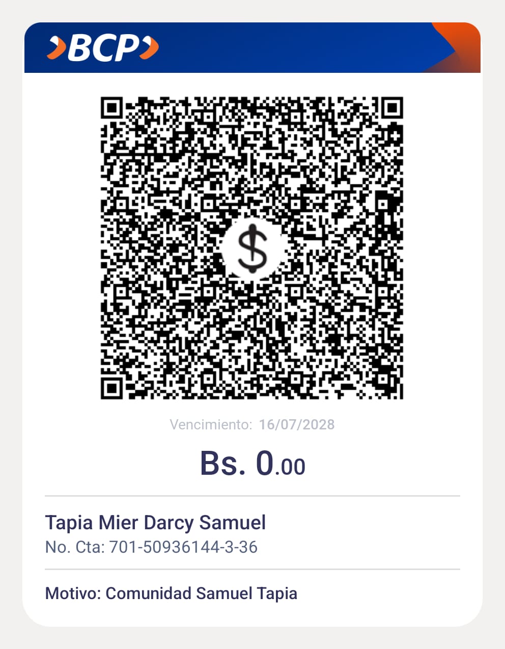 QR de pago Samuel Tapia - BCP